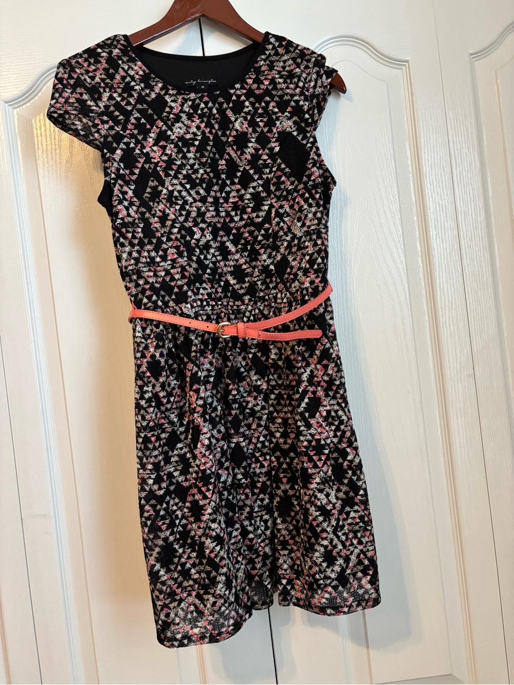 City Triangles Black Dress with Pink & White Pattern and Coral Belt